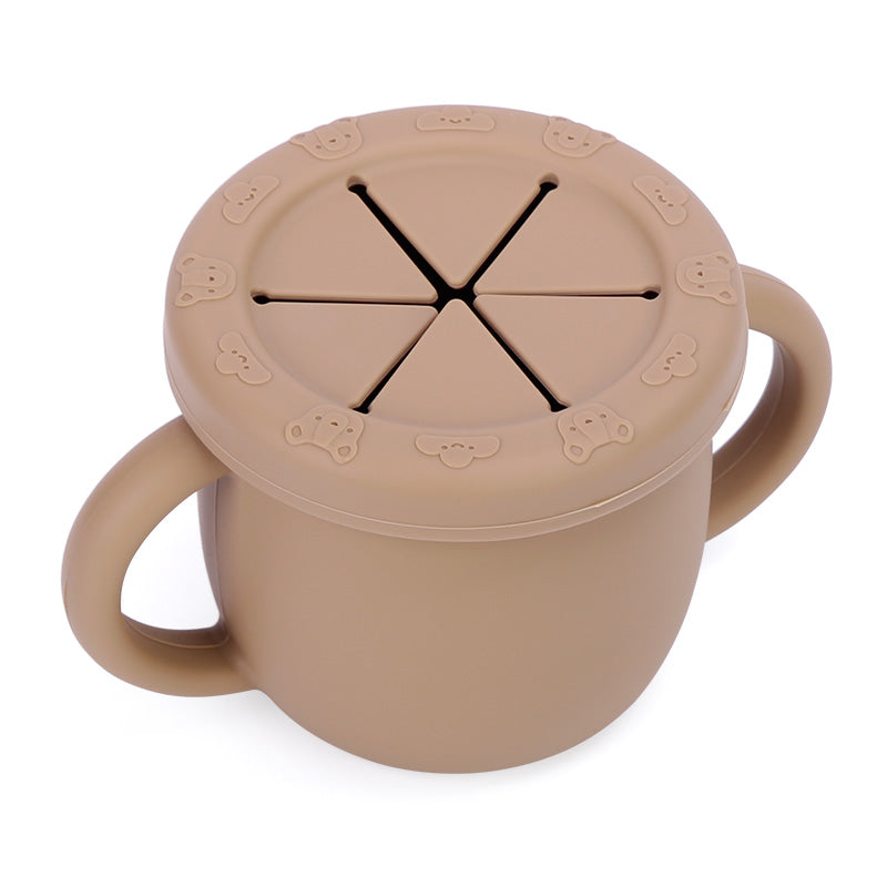 Vaso snack de silicona antiderrames con tapa de pétalos para bebés, color café