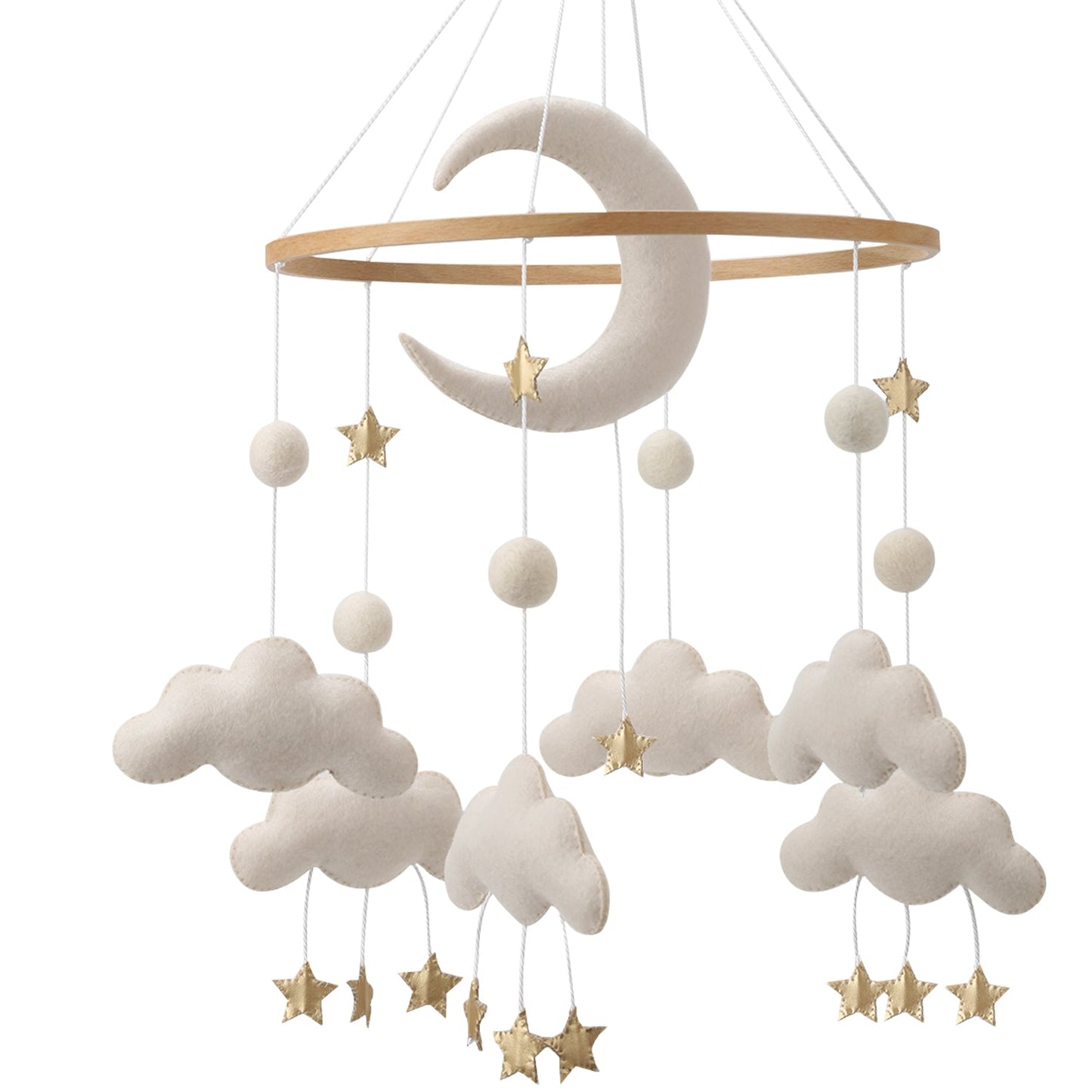 MOVIL BEBE NUBES, LUNA Y ESTRELLAS DORADAS