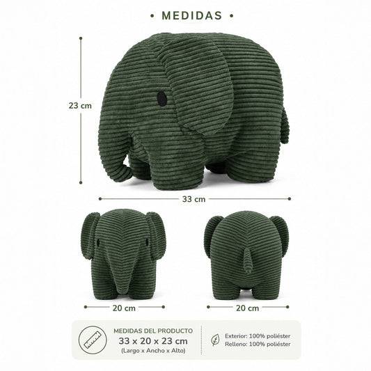 Elefante de corduroy verde para abrazar y decorar, tierno compañero de juegos