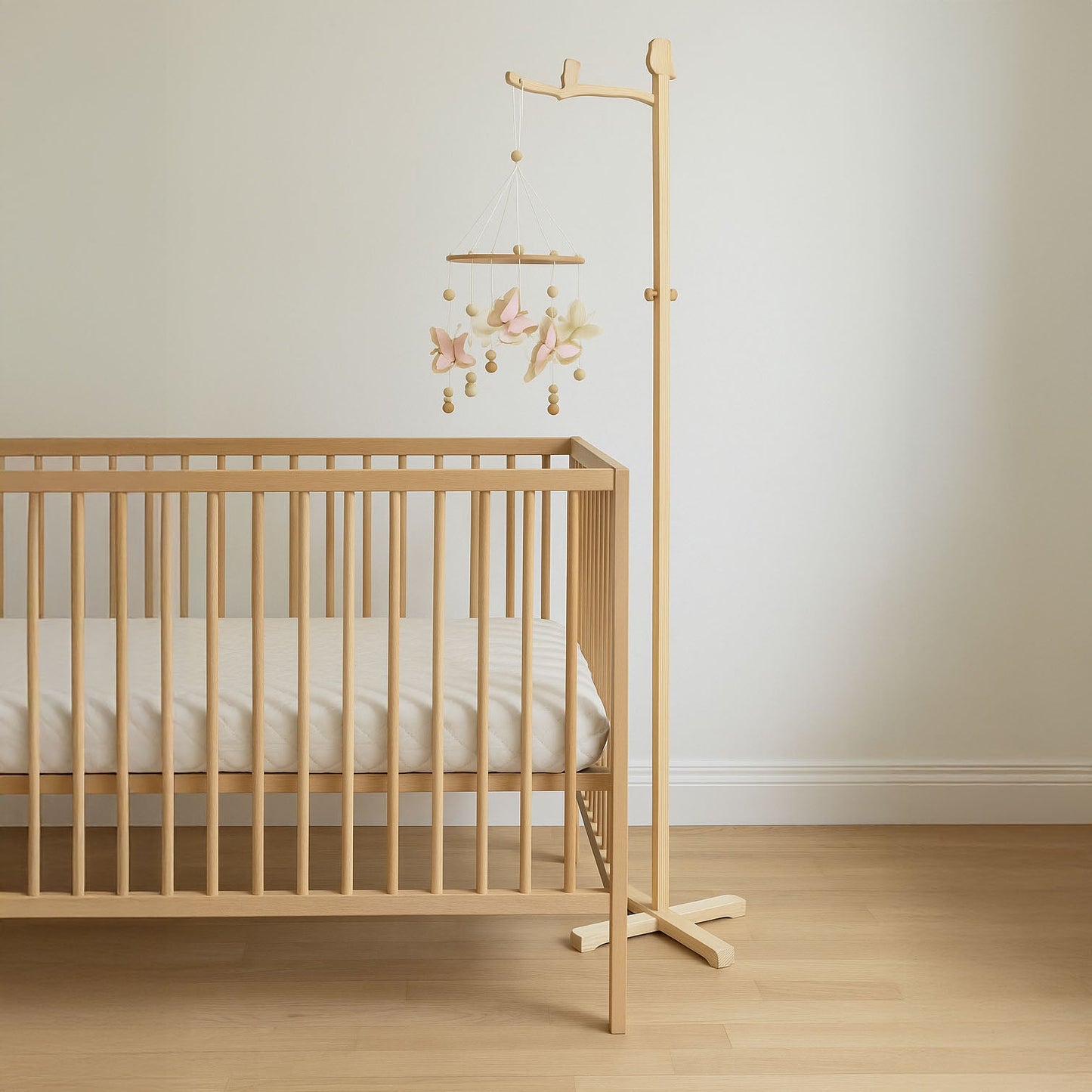 Soporte de móvil a piso de madera natural para bebé, diseño nórdico y seguro