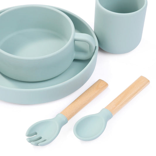 "Vajilla de silicona grado alimentario para niños con cubiertos de madera y silicona