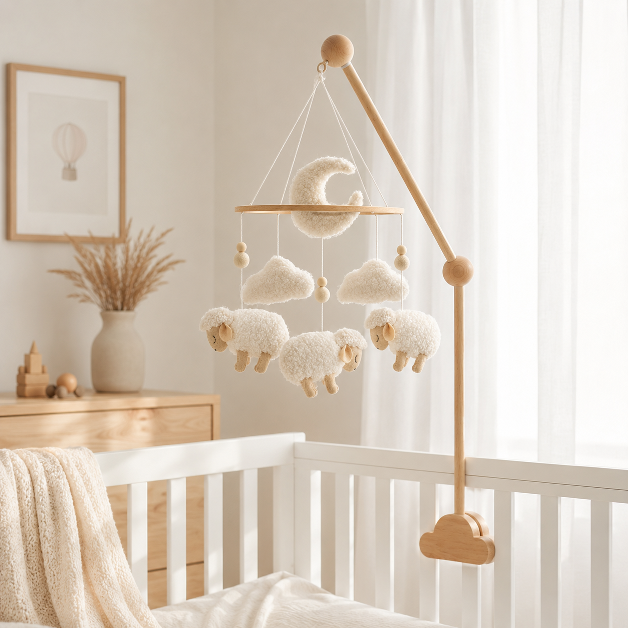 Soporte de móvil de cuna de madera natural sin perforaciones, diseño nórdico