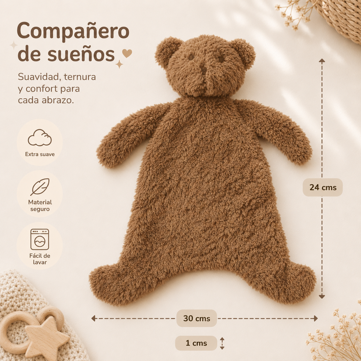 Doudou osito cacao de tela suave para bebé, brinda calma y seguridad