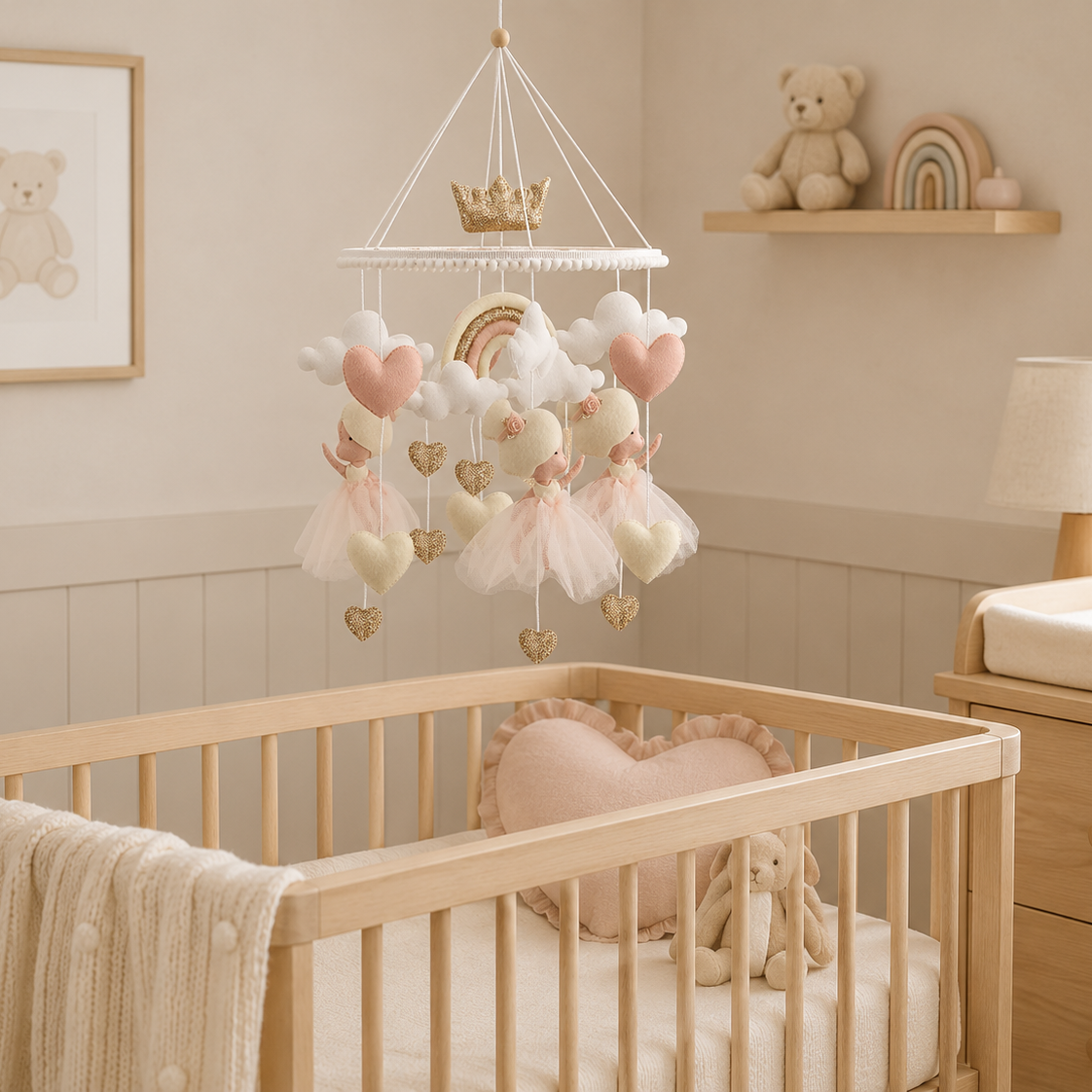 Móvil de princesas de madera y tela para cuna de bebé, estimulación visual