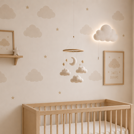 Móvil de nubes de madera para bebé, estimula la visión en la cuna