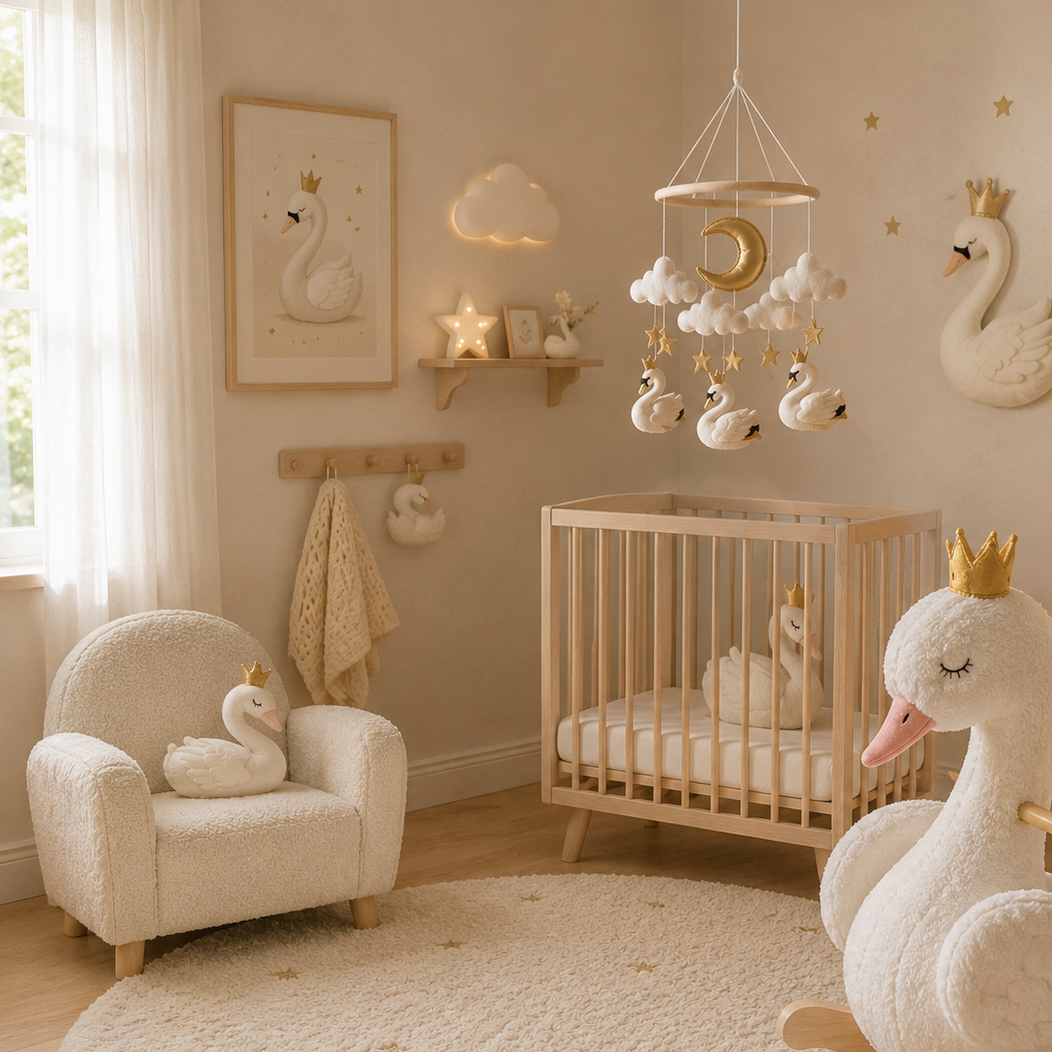 Móvil de cisnes y estrellas de madera y tela para cuna de bebé, estimulación visual