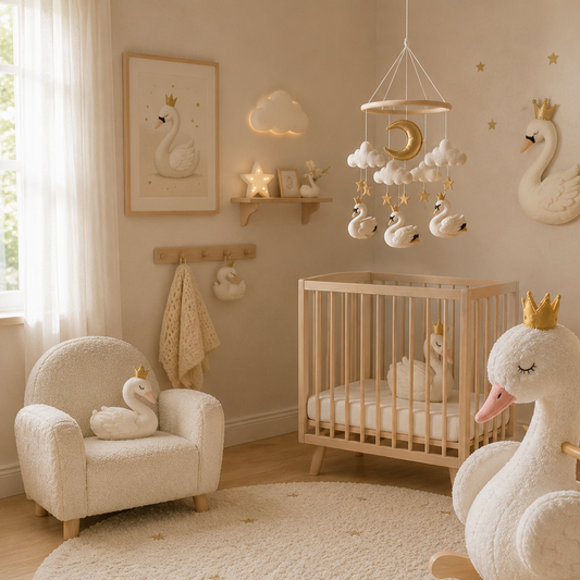 Móvil de cisnes y estrellas de madera y tela para cuna de bebé, estimulación visual