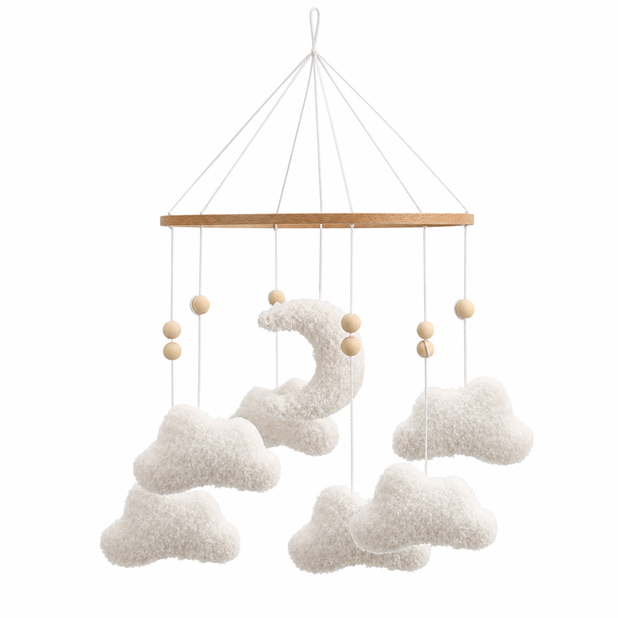 Móvil bebé nubes de madera y tela para cuna, ambiente tranquilo y decorativo
