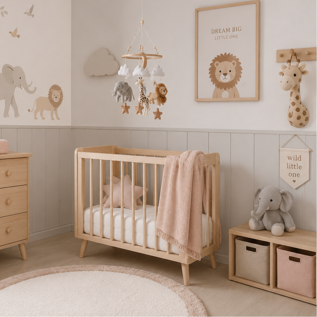 Móvil de cuna para bebé de madera y tela con animales, estimulación visual