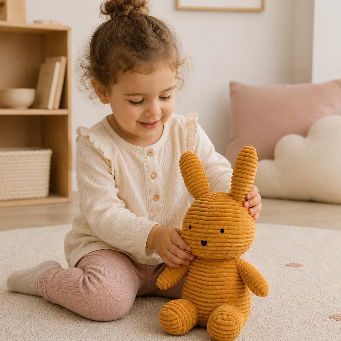 Peluche conejo color mostaza de corduroy suave para bebé, diseño nórdico