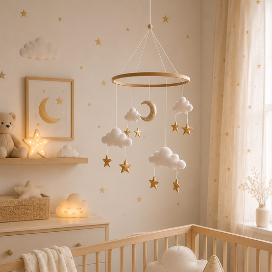 Móvil de nubes, luna y estrellas doradas para cuna de bebé, madera y tela