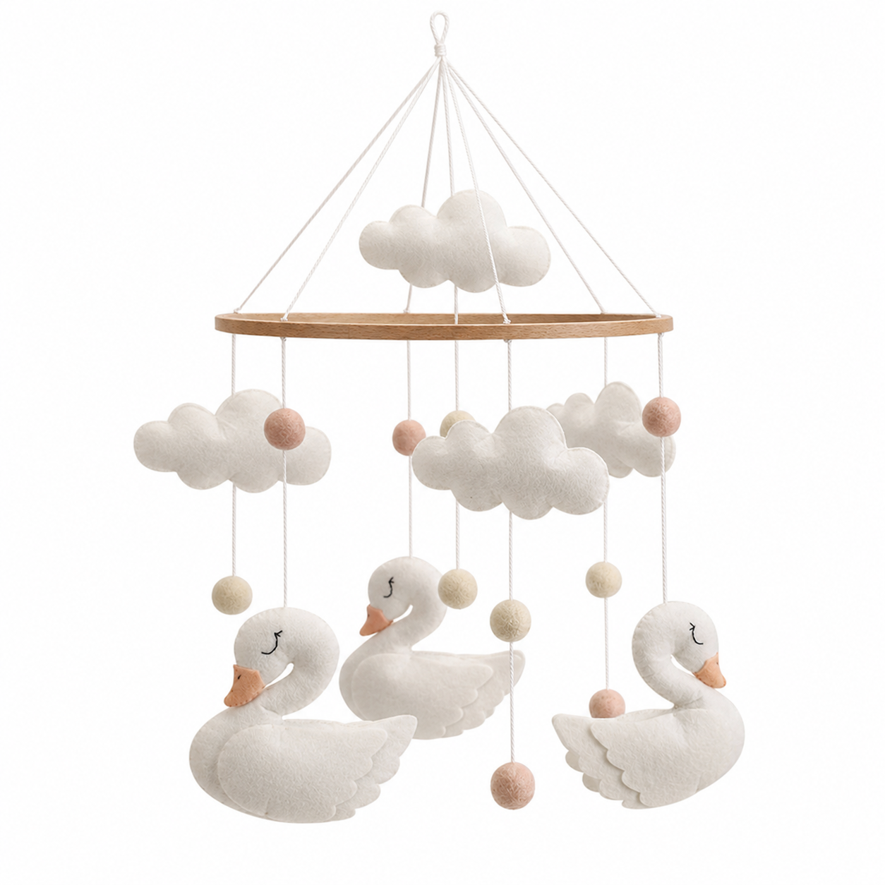 Móvil bebé cisnes de madera y tela para cuna, ambiente tranquilo y decorativo