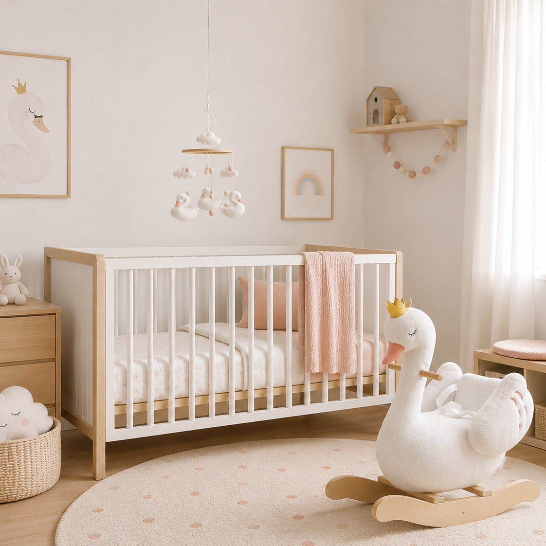 Móvil de cisnes de madera para bebé, estimula la visión en la cuna