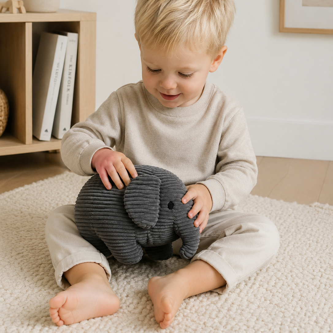 Peluche elefante de corduroy gris suave para bebé, diseño nórdico
