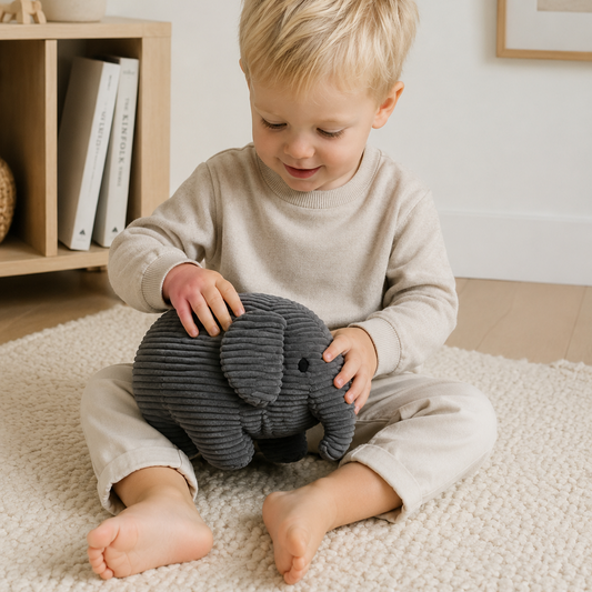 Peluche elefante de corduroy gris suave para bebé, diseño nórdico