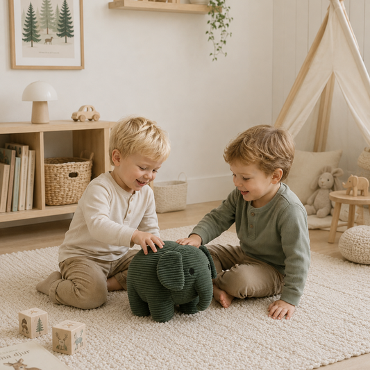 Peluche elefante de corduroy verde suave para bebé, diseño nórdico