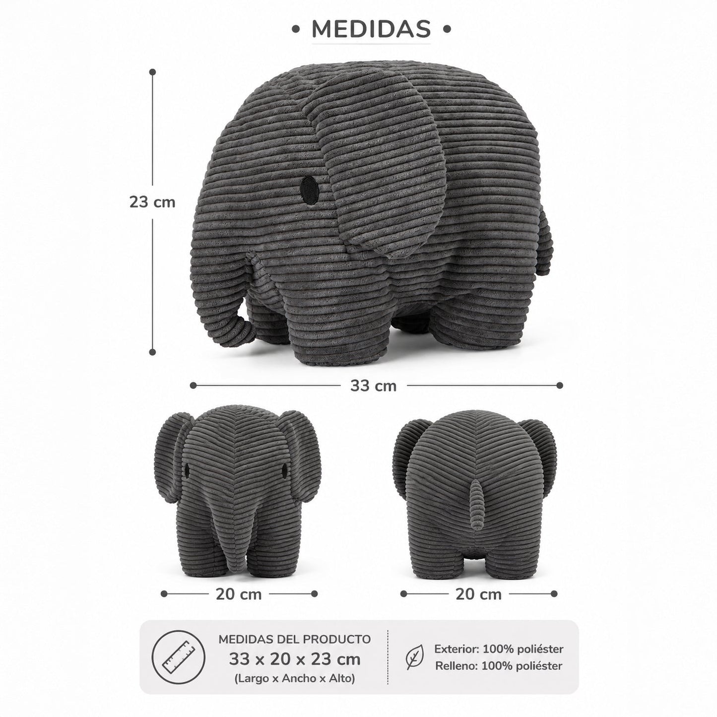 Peluche elefante gris de corduroy suave, compañero de descanso para niños