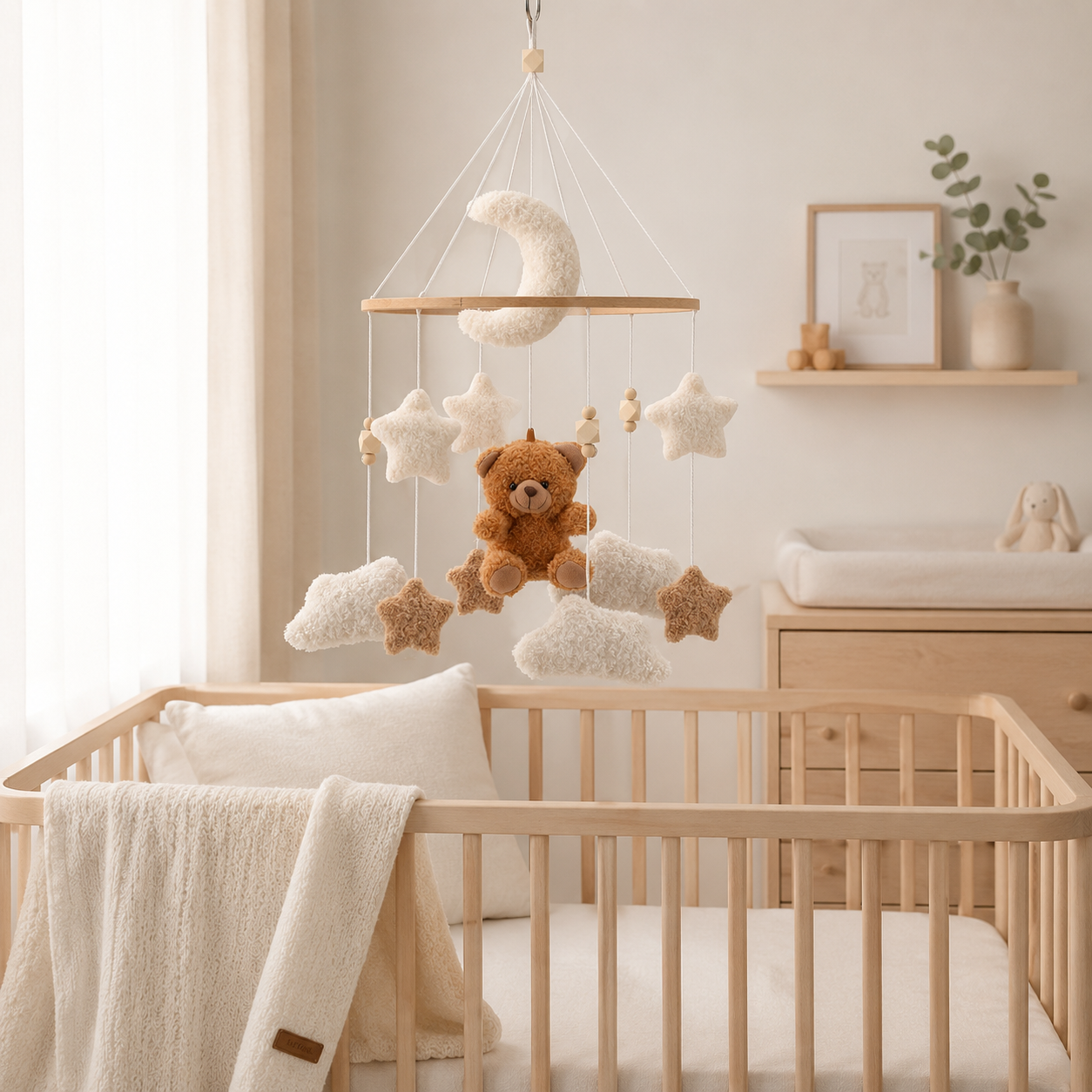 Móvil de osito de peluche y madera para cuna de bebé, estimulación visual