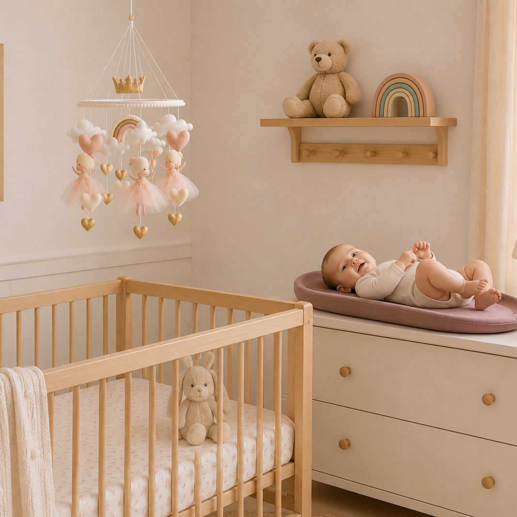 Móvil bebé princesas de madera para cuna, decoración infantil nórdica