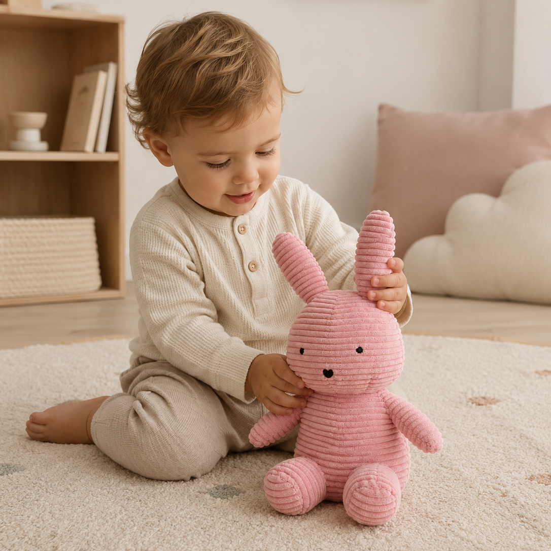Peluche conejo rosa de corduroy suave para bebé, diseño nórdico