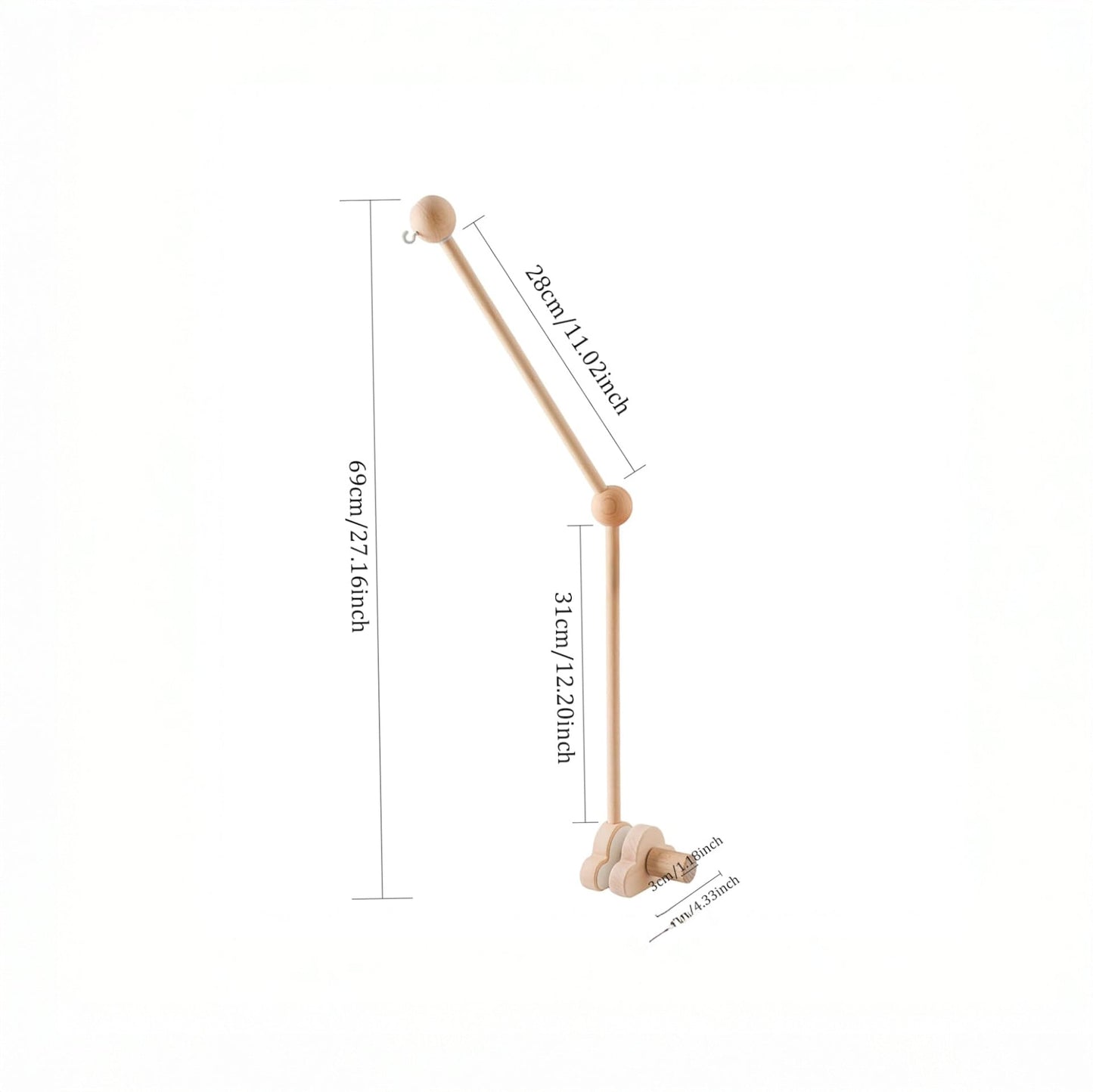 Detalle del soporte para móvil de cuna de madera natural para bebé