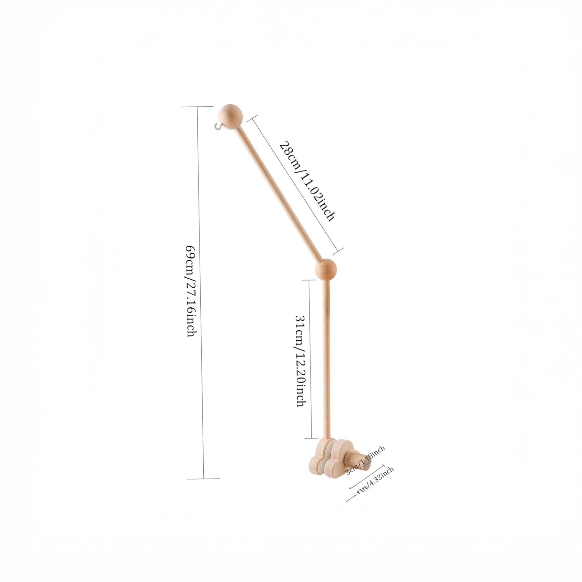 Detalle del soporte para móvil de cuna de madera natural para bebé
